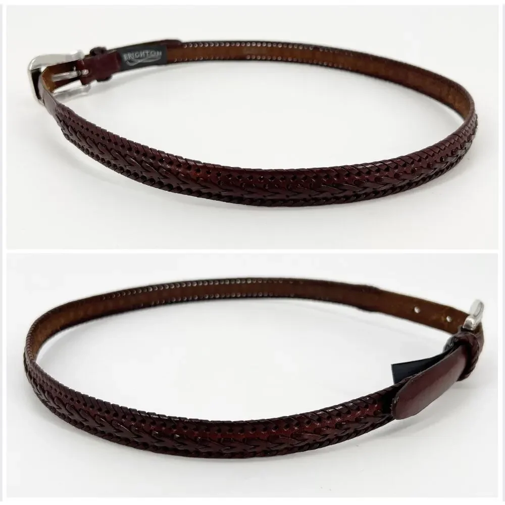 Vtg Y2k Brighton Whip Stitch Belt Women M 32 Dark Brown Leather Silver Buckle